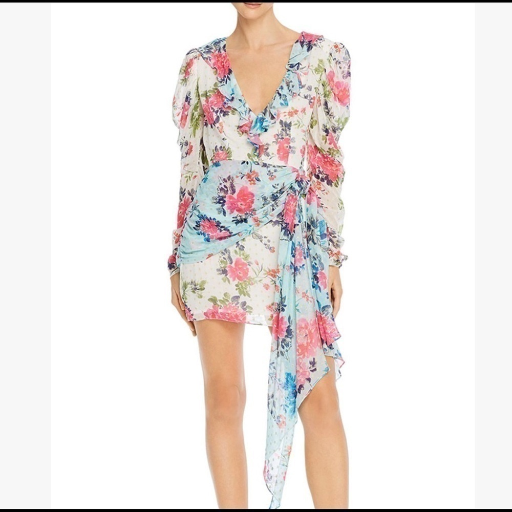 Rococo Sand Floral Ruffle V-Neck Mini Dress in White, Pink & Blue